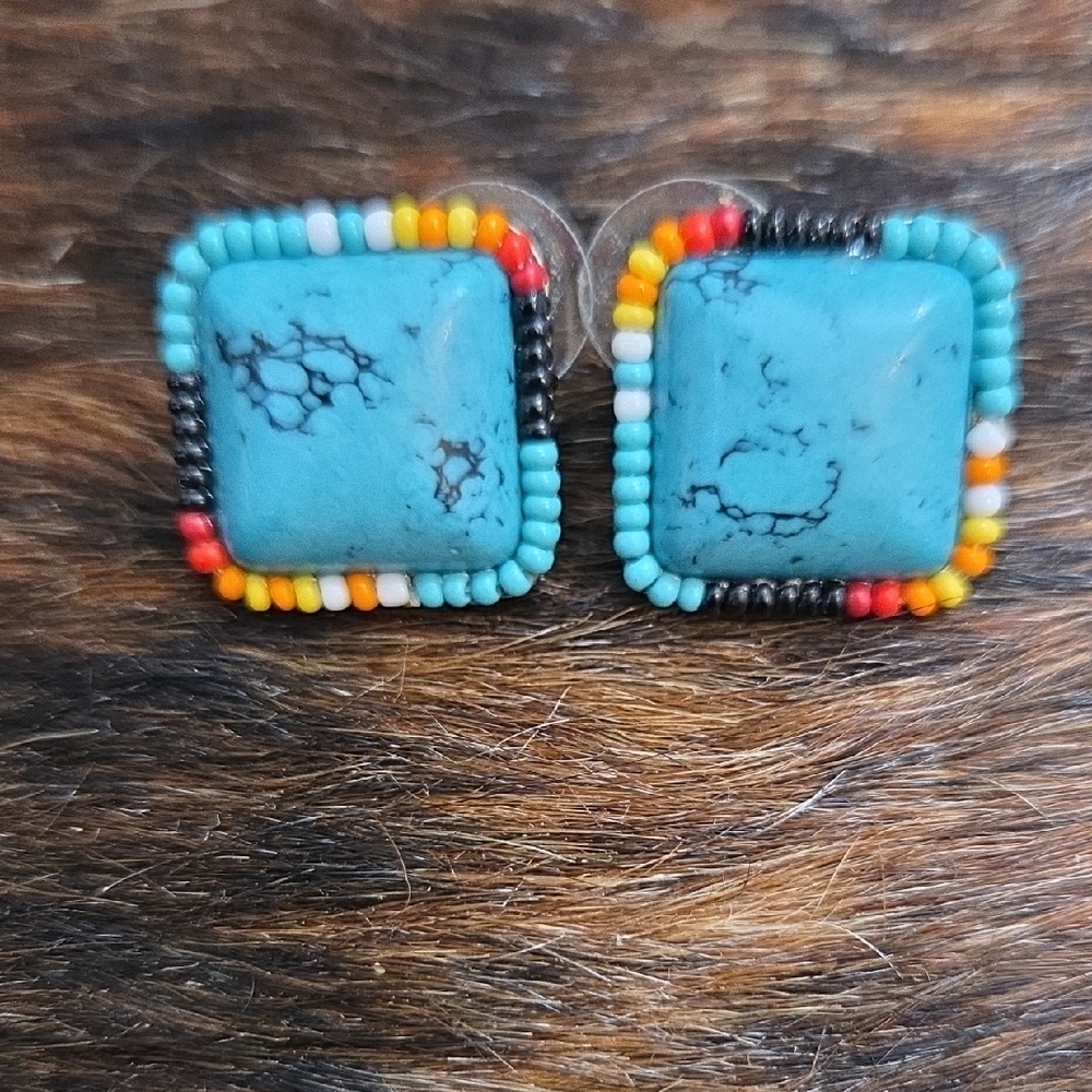 Turquoise Beaded Square Earrings